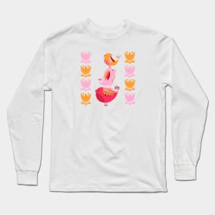 Happy Pink And Orange Birds And Blooms Long Sleeve T-Shirt